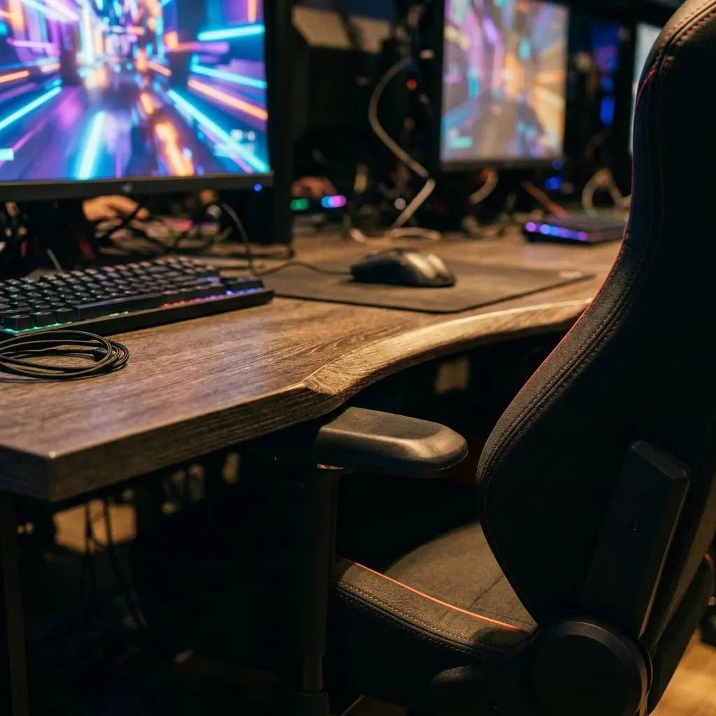 Detail of a mesh-back gaming chair pulled up to a desk edge
