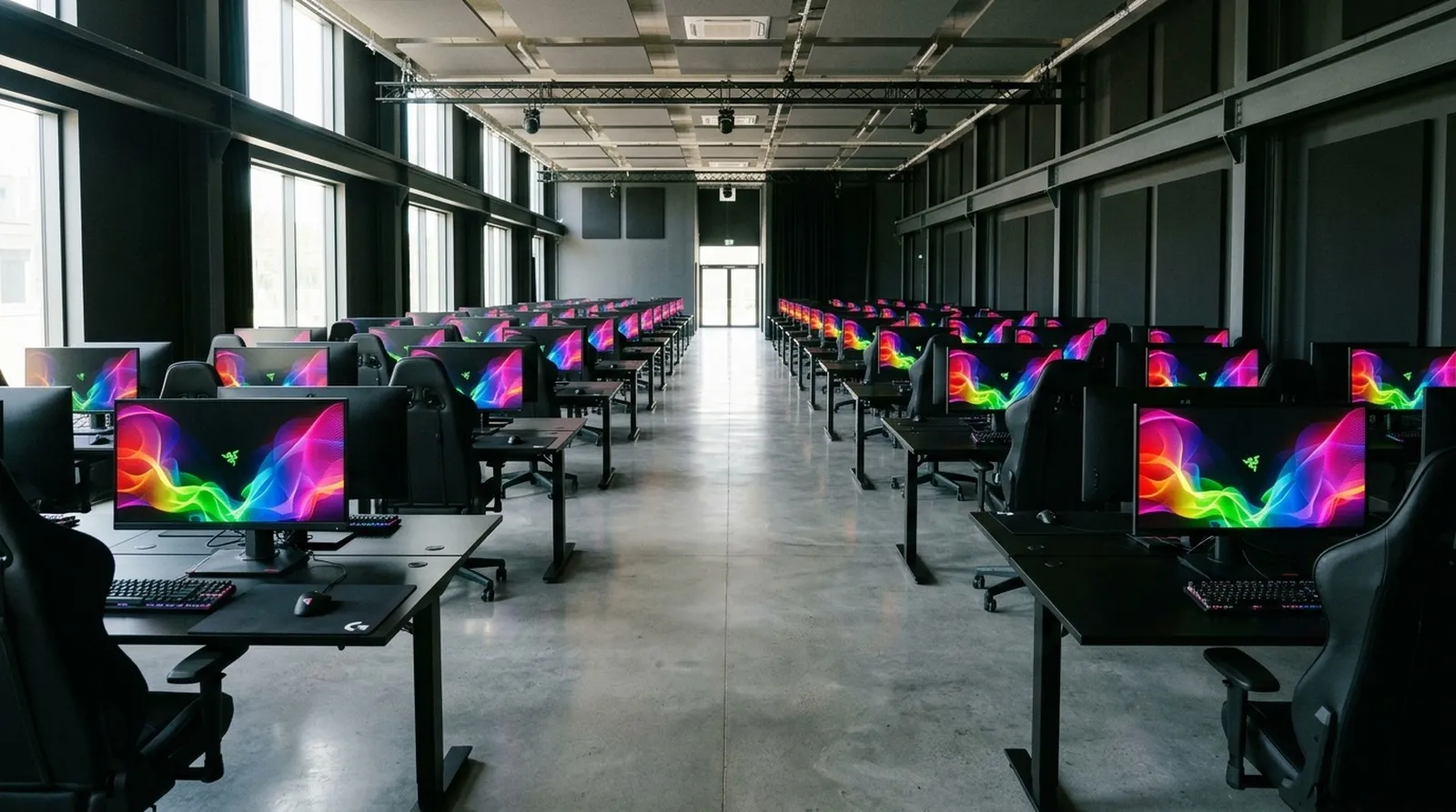 Rows of stations stretching the length of the NODEFORGE PC CLUB hall
